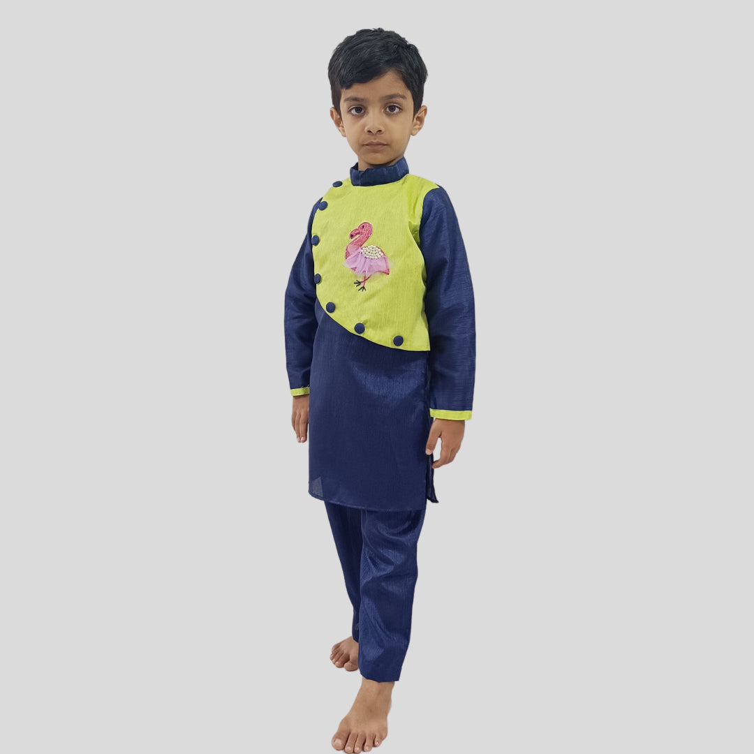 Navy Blue Flamingo Embroidered Kurta And Pant For Boys image 0