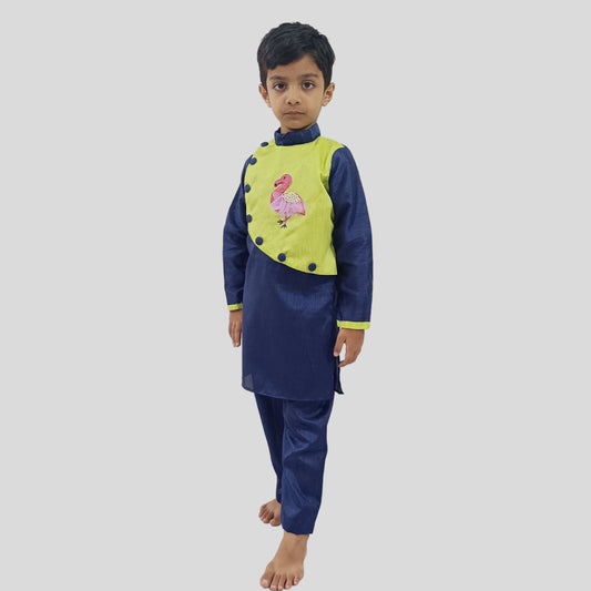 Boys Navy Blue Flamingo Embroidered Kurta And Pant - Kids Ethnic Wear Ages 1-12 VKbySwati