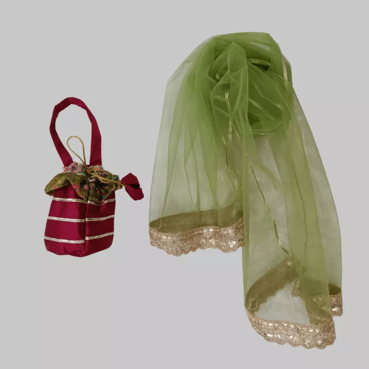 Pink Puff Sleeves Top And Multicolor Lehenga With Dupatta & Potli Bag image 3