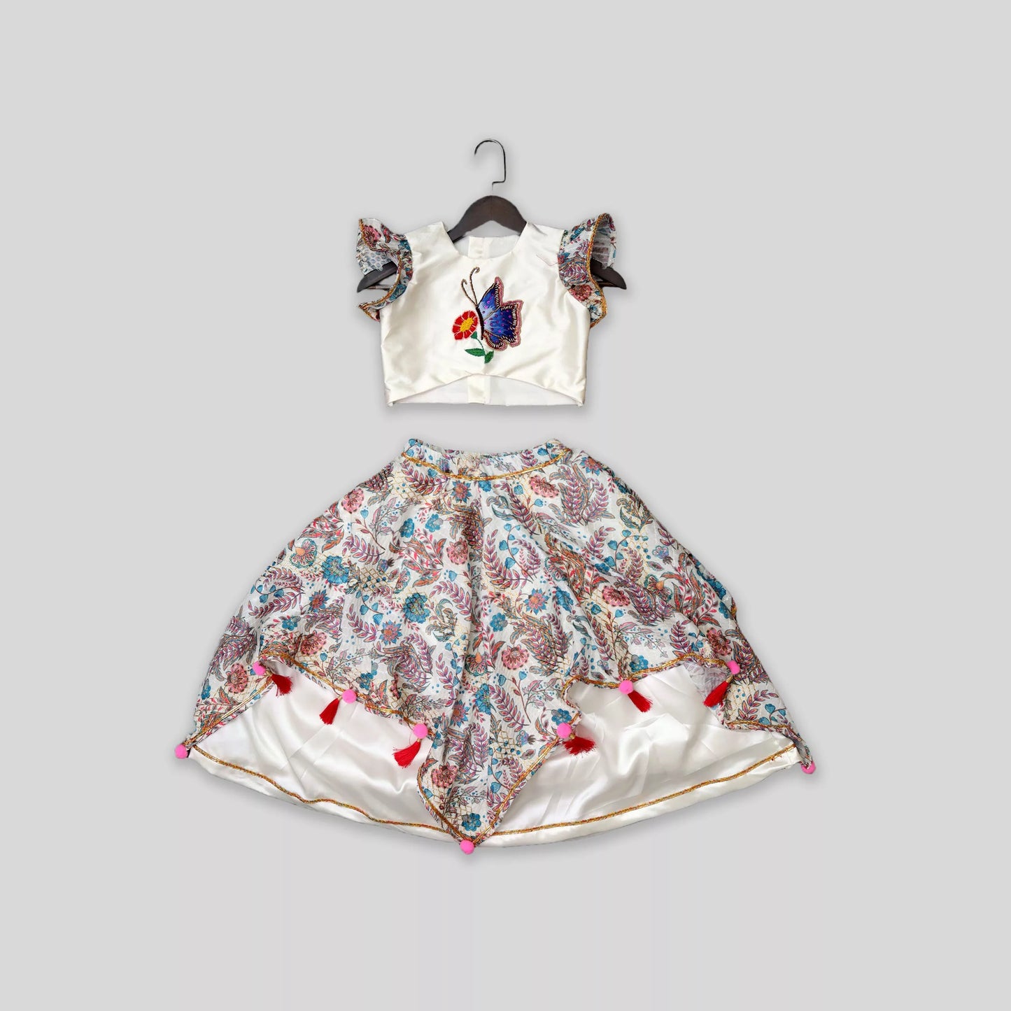 Butterfly Embroidered Crop Top And Handkerchief Printed Lehenga with Gota Work image 2