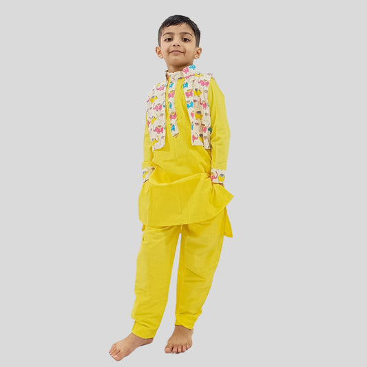 Boys Yellow Animal Print Kurta Set With Jacket - Kids Ethnic Wear Ages 1-12 VKbySwati