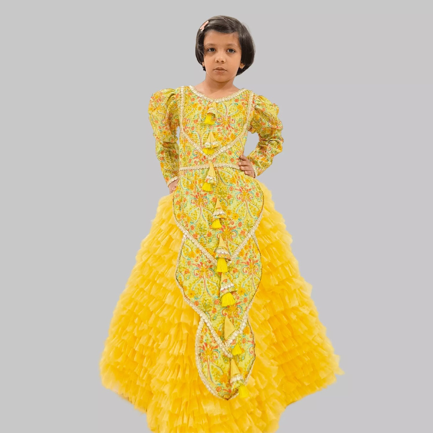 Yellow Printed Silk Kurti With Ruffle Layered Lehenga image 0