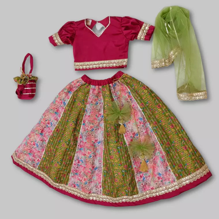 Pink Puff Sleeves Top And Multicolor Lehenga With Dupatta & Potli Bag image 1