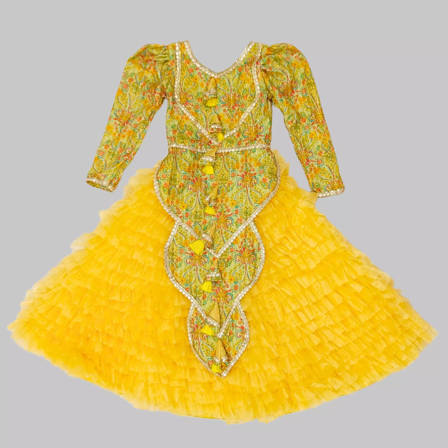 Yellow Printed Silk Kurti With Ruffle Layered Lehenga image 2