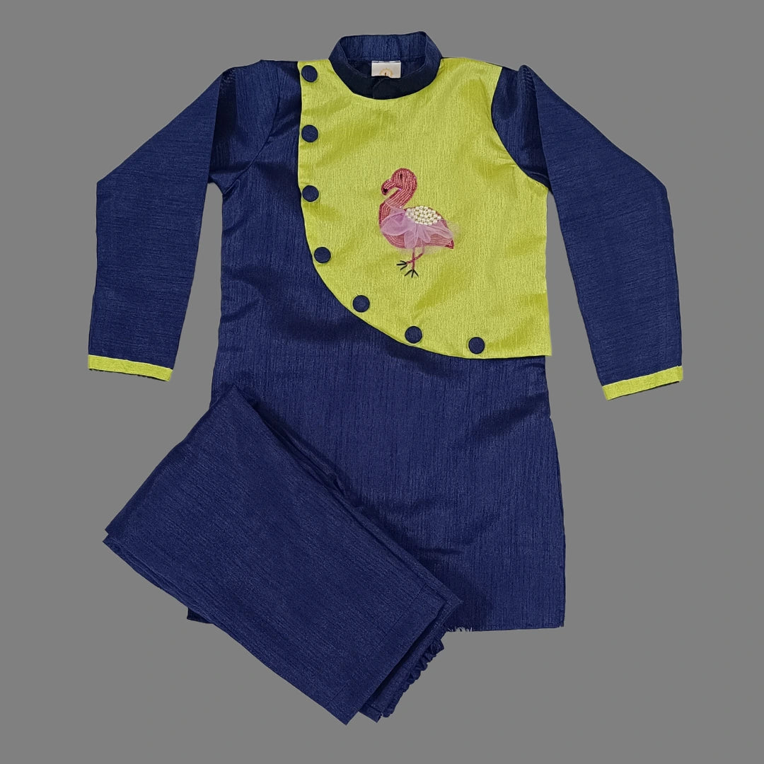 Navy Blue Flamingo Embroidered Kurta And Pant For Boys image 3