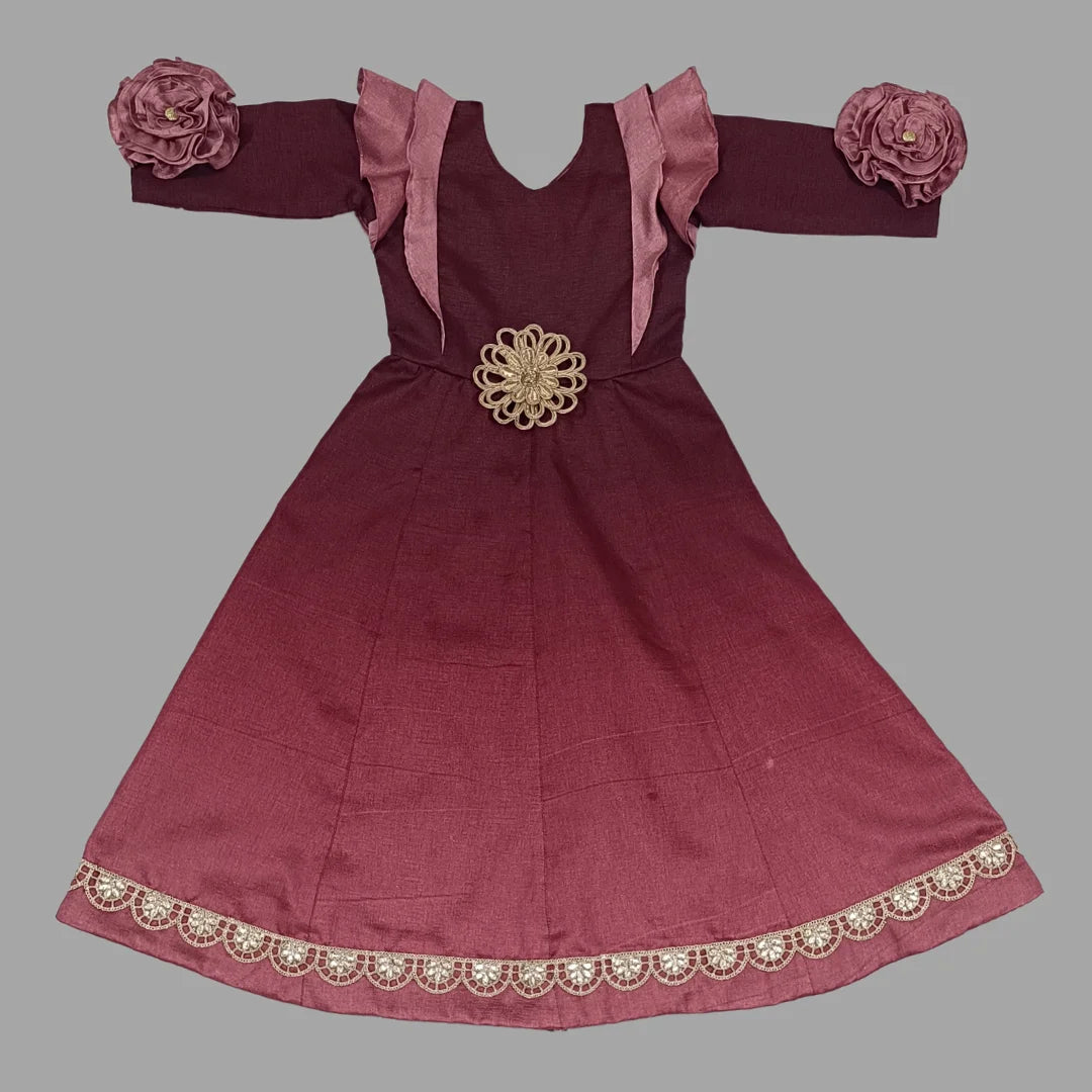 Maroon Long Gown With Flower Embellished On Sleeves For Girls image 2