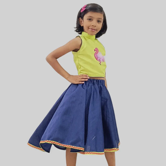 Green Crop Top With Flamingo Embroidery And Blue Skirt image 2