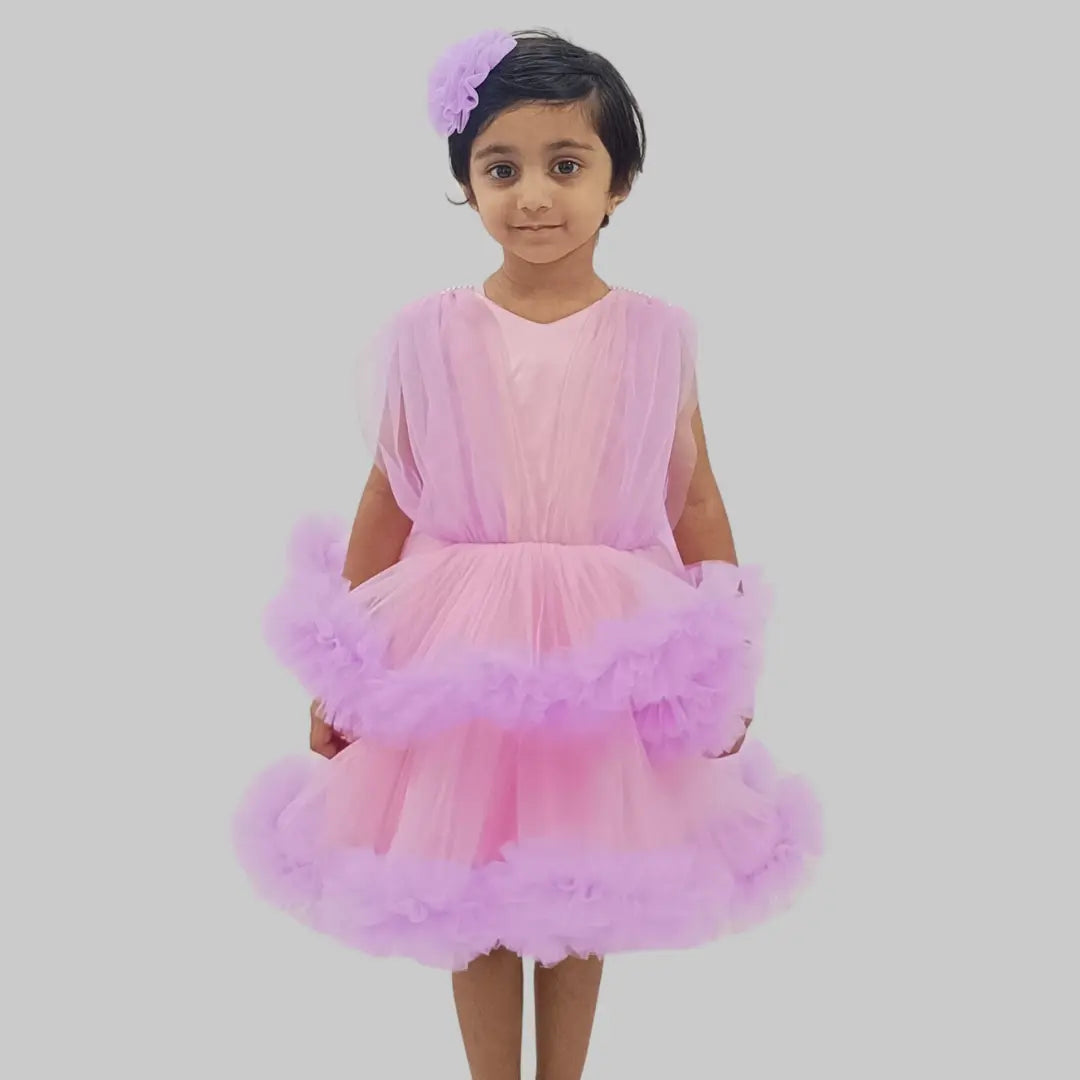 Purple Frock With Detachable Long Tail And Flower Hair Pin For Girls image 5