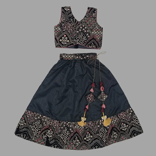 Black Embroidery Crop Top & Lehenga For Girls image 2