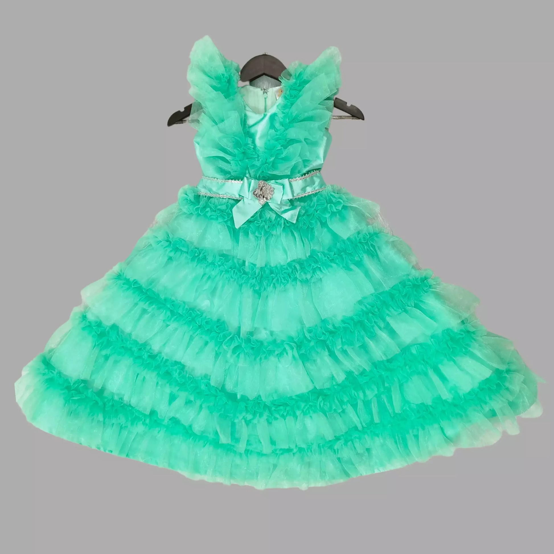 Sea Green Long Gown Adorned With Frill Net image 1