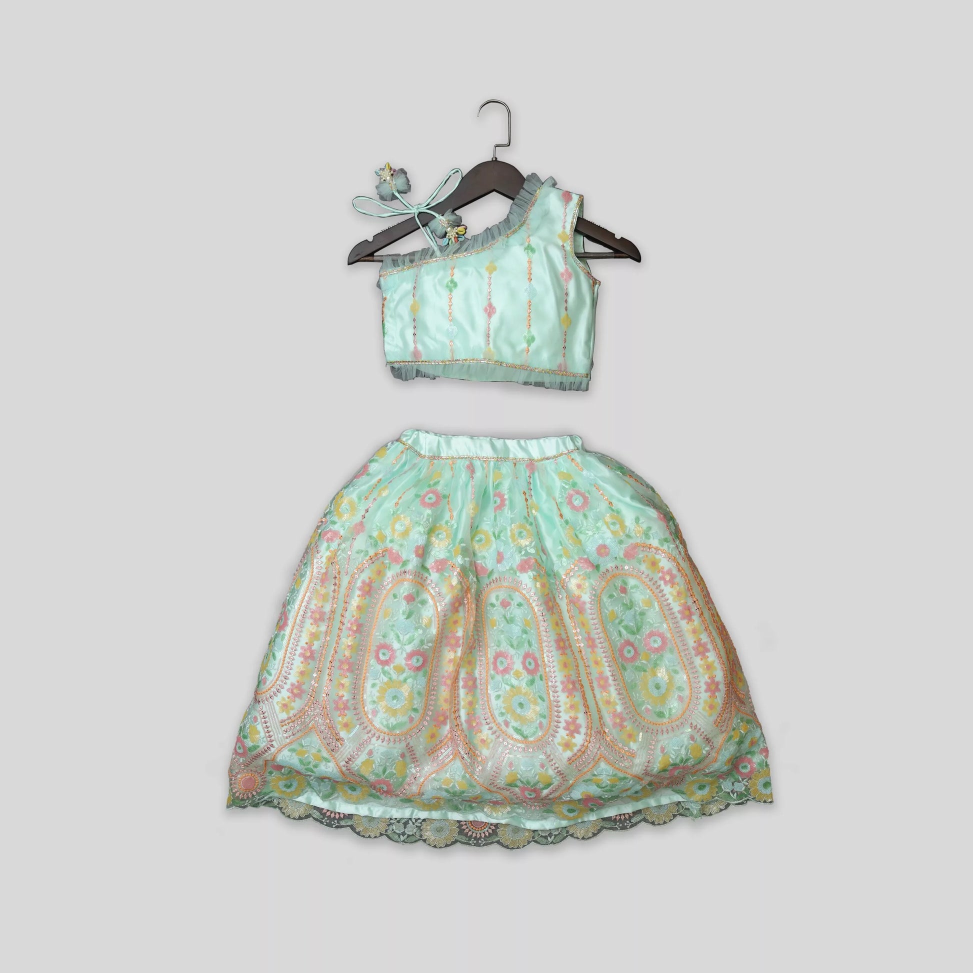 Heavy Embroidered Aqua fresh One Shoulder Top And Lehenga image 3