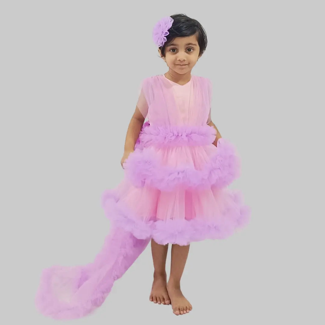 Purple Frock With Detachable Long Tail And Flower Hair Pin For Girls image 1