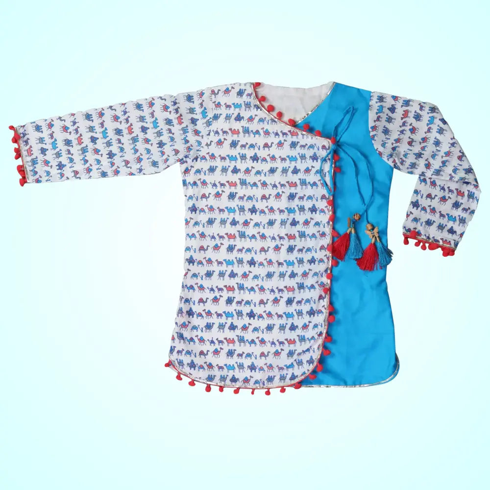 Blue Cotton Dhoti With Animal Print Kurta For Boys image 1