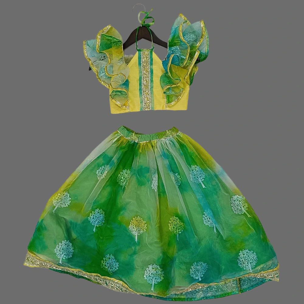 Green Ruffle Sleeves Crop Top & Lehenga image 1