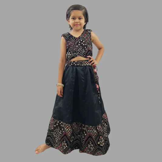 Black Embroidery Crop Top & Lehenga For Girls image 0
