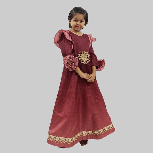 Maroon Long Gown With Flower Embellished On Sleeves For Girls image 0