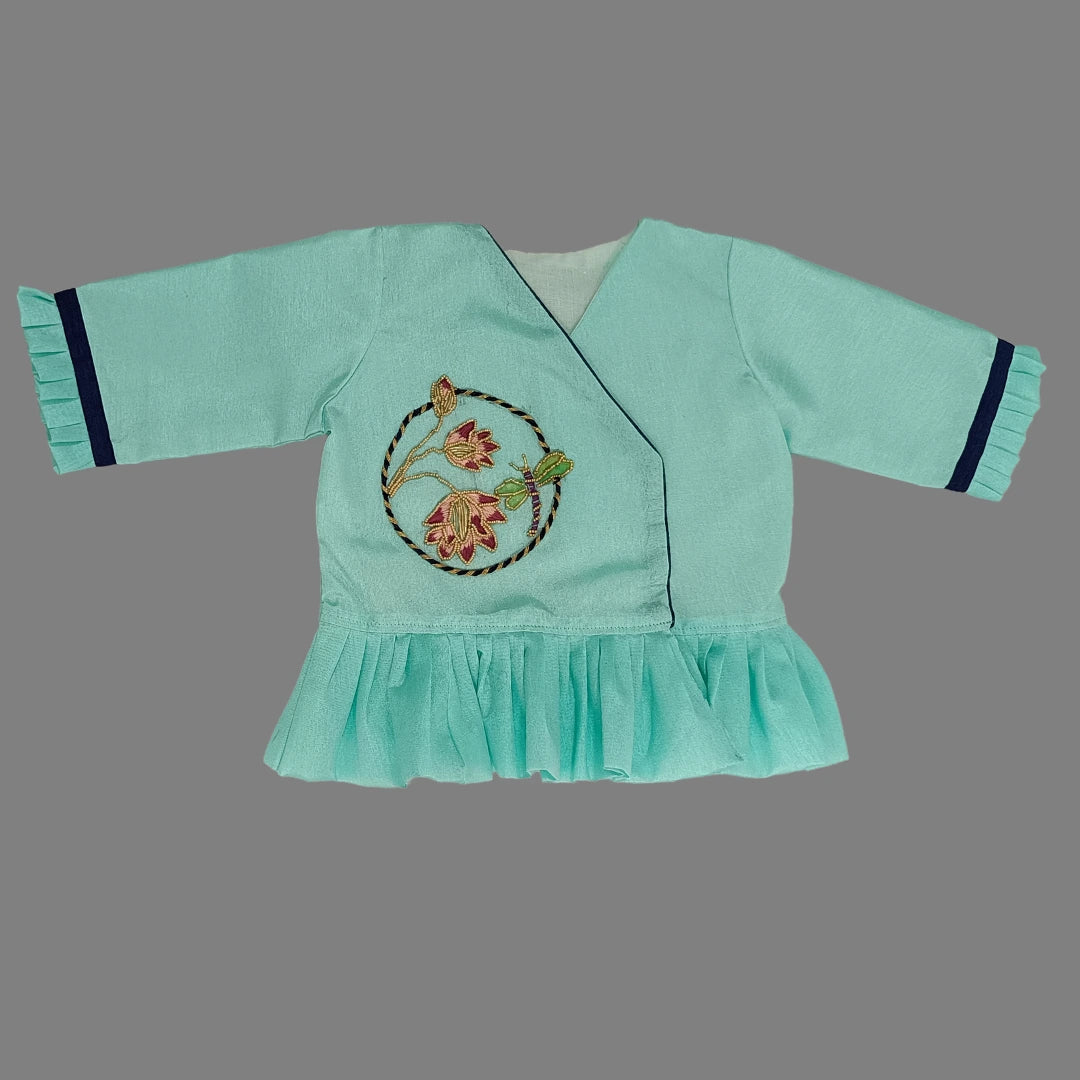 Lotus Embroidered Angarkha Style Blue Kurta & Palazzo Pant For Girls image 2