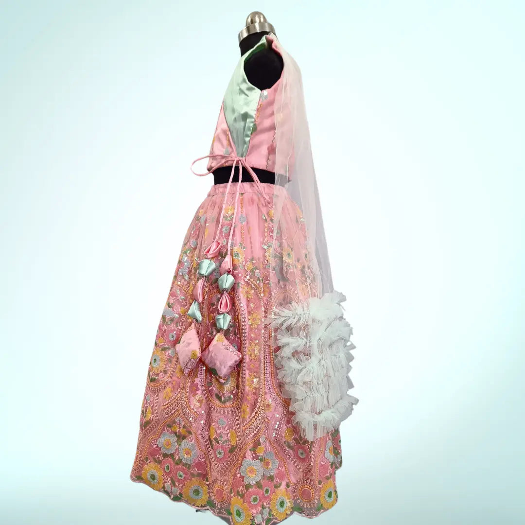 Pink Floral Embroidery Crop Top & Lehenga For Girls image 2