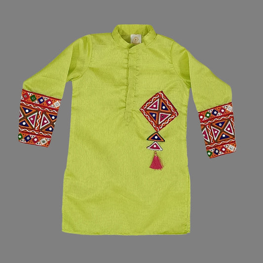 Green Kurta With Embroidered Lace Work And Red Dhoti For Boys image 2
