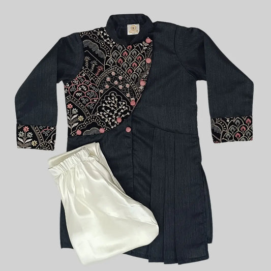 Black Embroidered Silk Kurta & Dhoti For Boys image 2