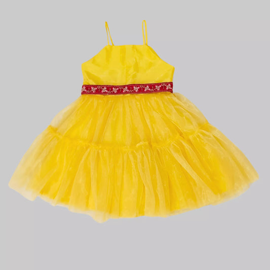 Yellow Ruffle Layered Frock With Embroidered Belt image 0