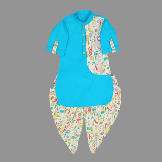 Printed Blue Cotton Dhoti And Kurta Set for Boys image 0