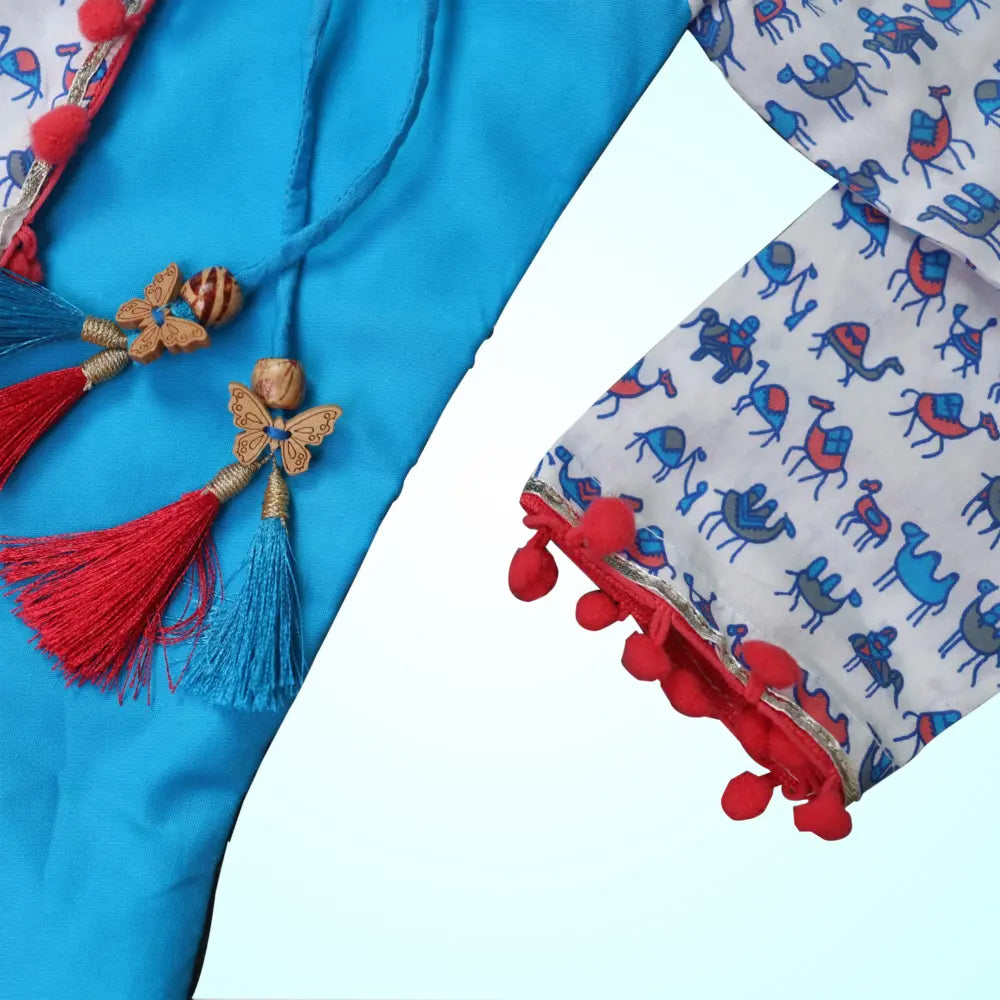 Blue Cotton Dhoti With Animal Print Kurta For Boys image 4