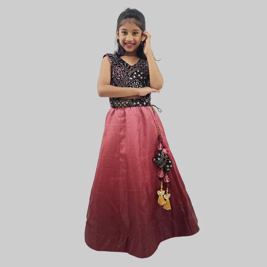 Black Embroidery Crop Top & Maroon Lehenga For Girls image 0
