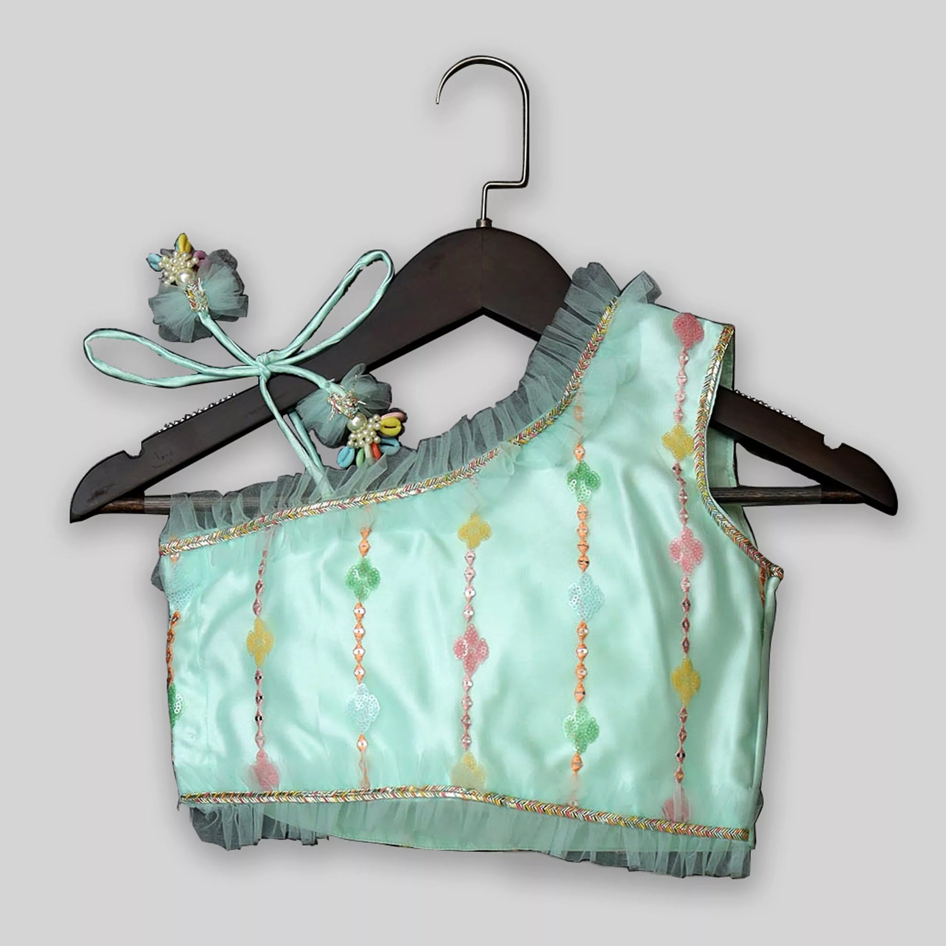 Heavy Embroidered Aqua fresh One Shoulder Top And Lehenga image 2