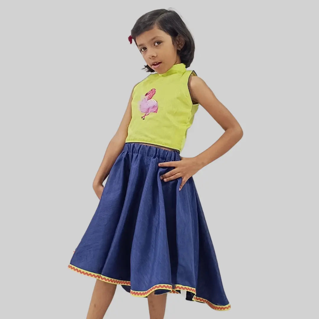 Green Crop Top With Flamingo Embroidery And Blue Skirt image 1