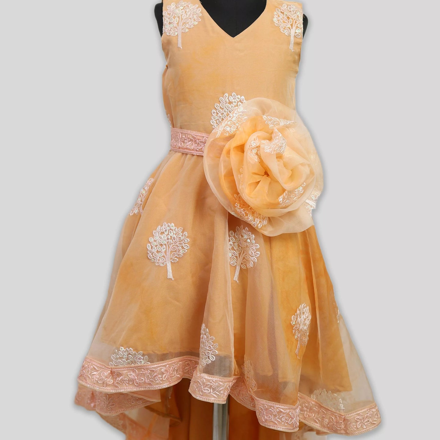 Orange High Low Girls Frock Detailed Flower Embellished image 2