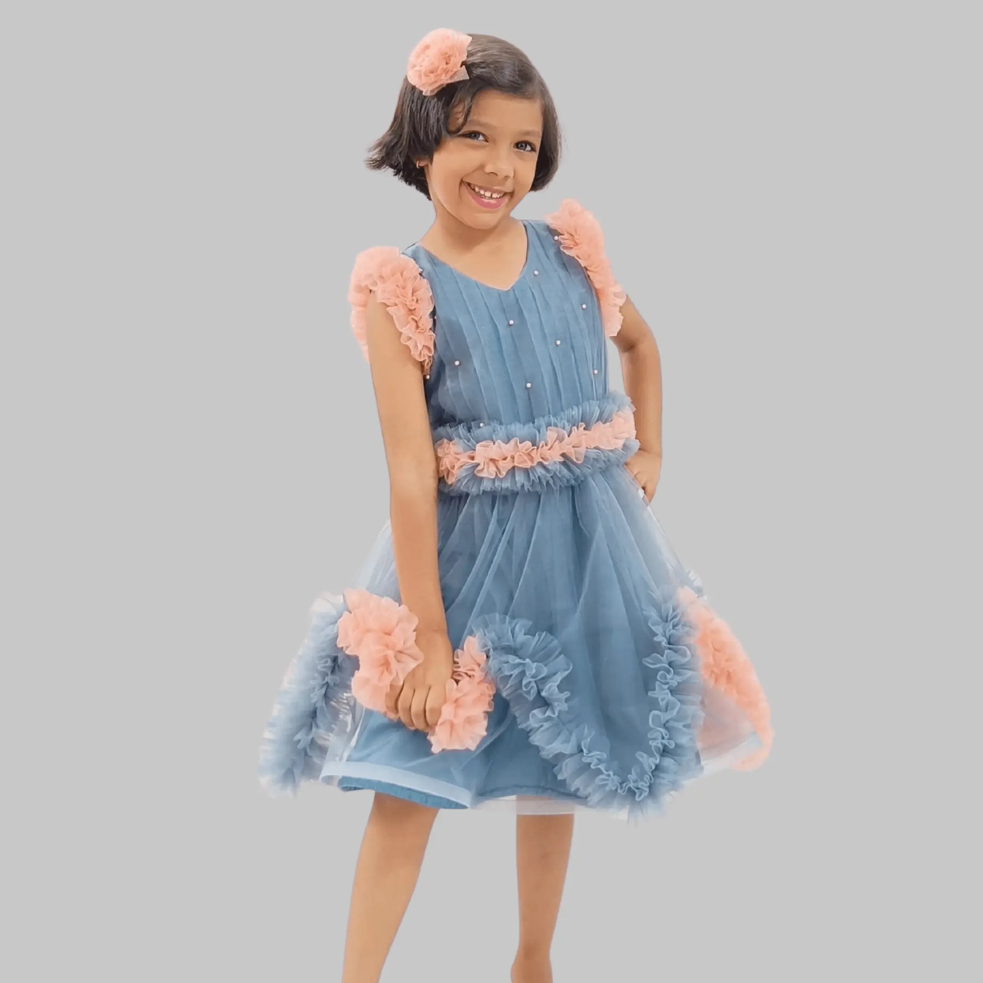 Grey Frock With Flowers Embellished Long Trail image 6
