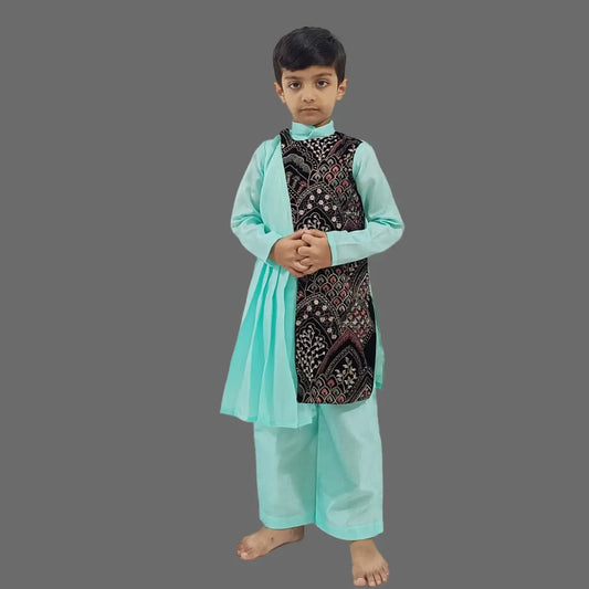 Blue Embroidered Silk Kurta & Pant For Boys image 0