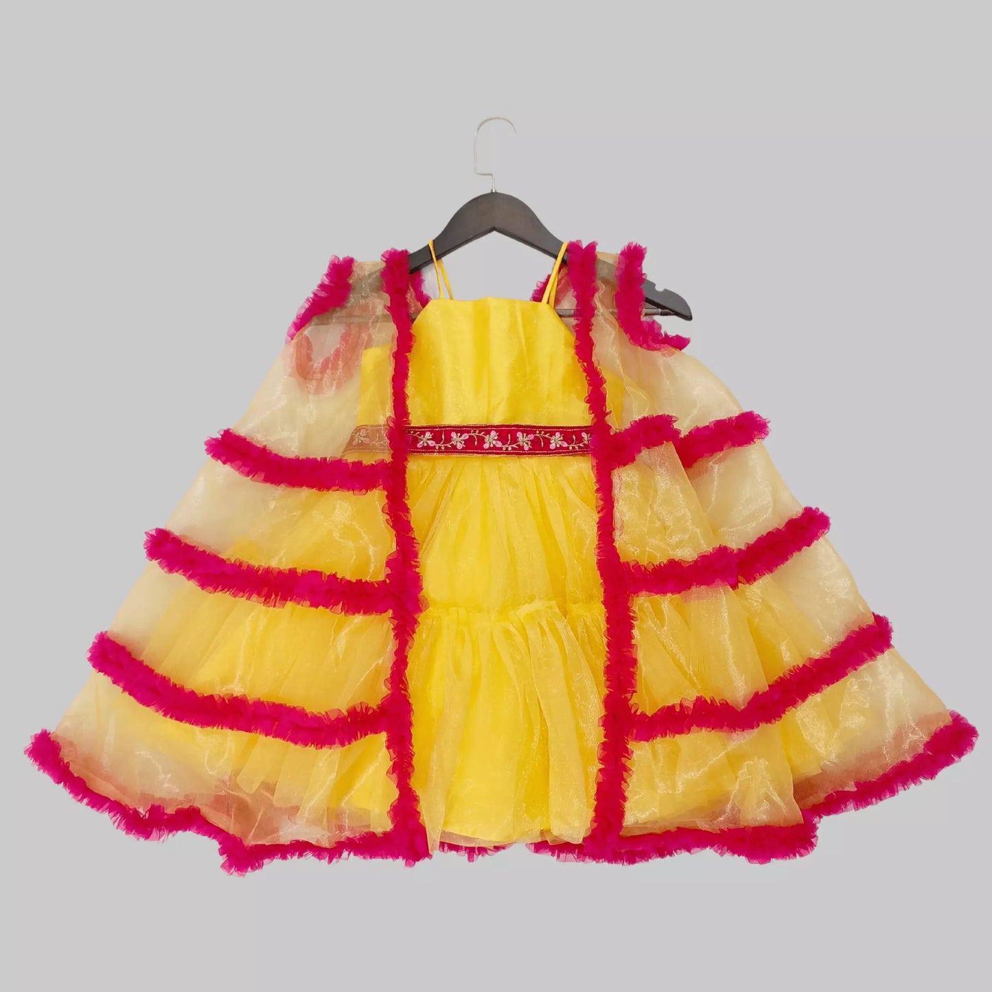 Yellow Ruffle Layered Frock With Embroidered Belt And Cape Style Jacket image 3