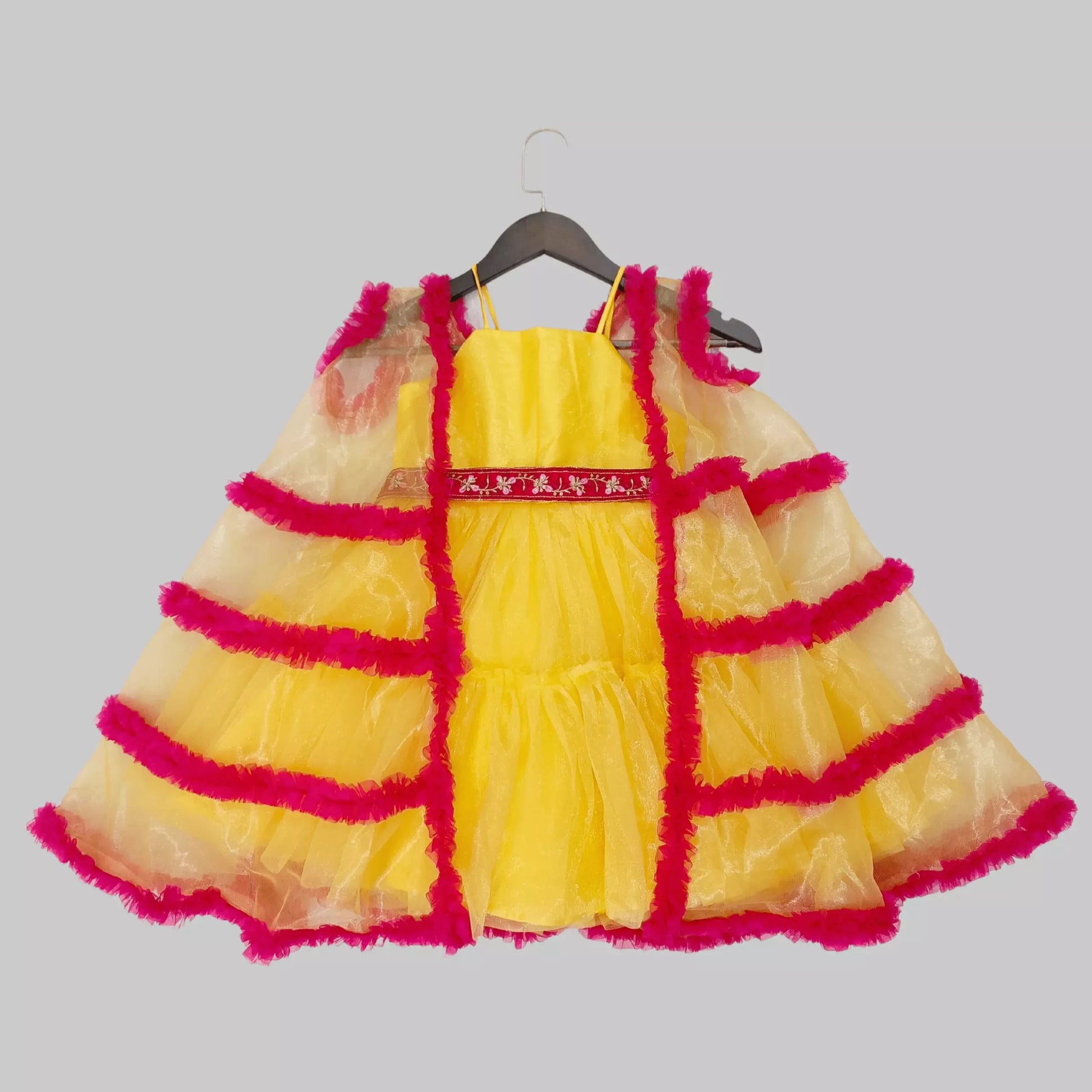 Yellow Ruffle Layered Frock With Embroidered Belt And Cape Style Jacket image 3