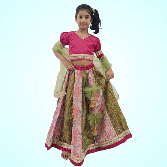 Pink Puff Sleeves Top And Multicolor Lehenga With Dupatta & Potli Bag image 0