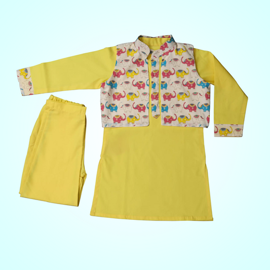Kurta Set With Printed Jacket Animal Print - Yellow image 2