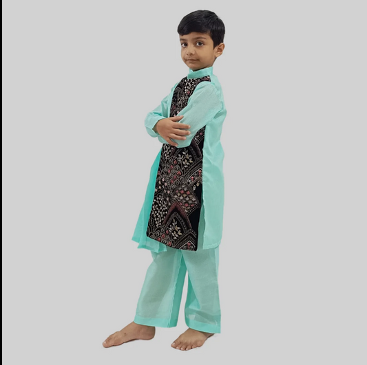Blue Embroidered Silk Kurta & Pant For Boys image 2