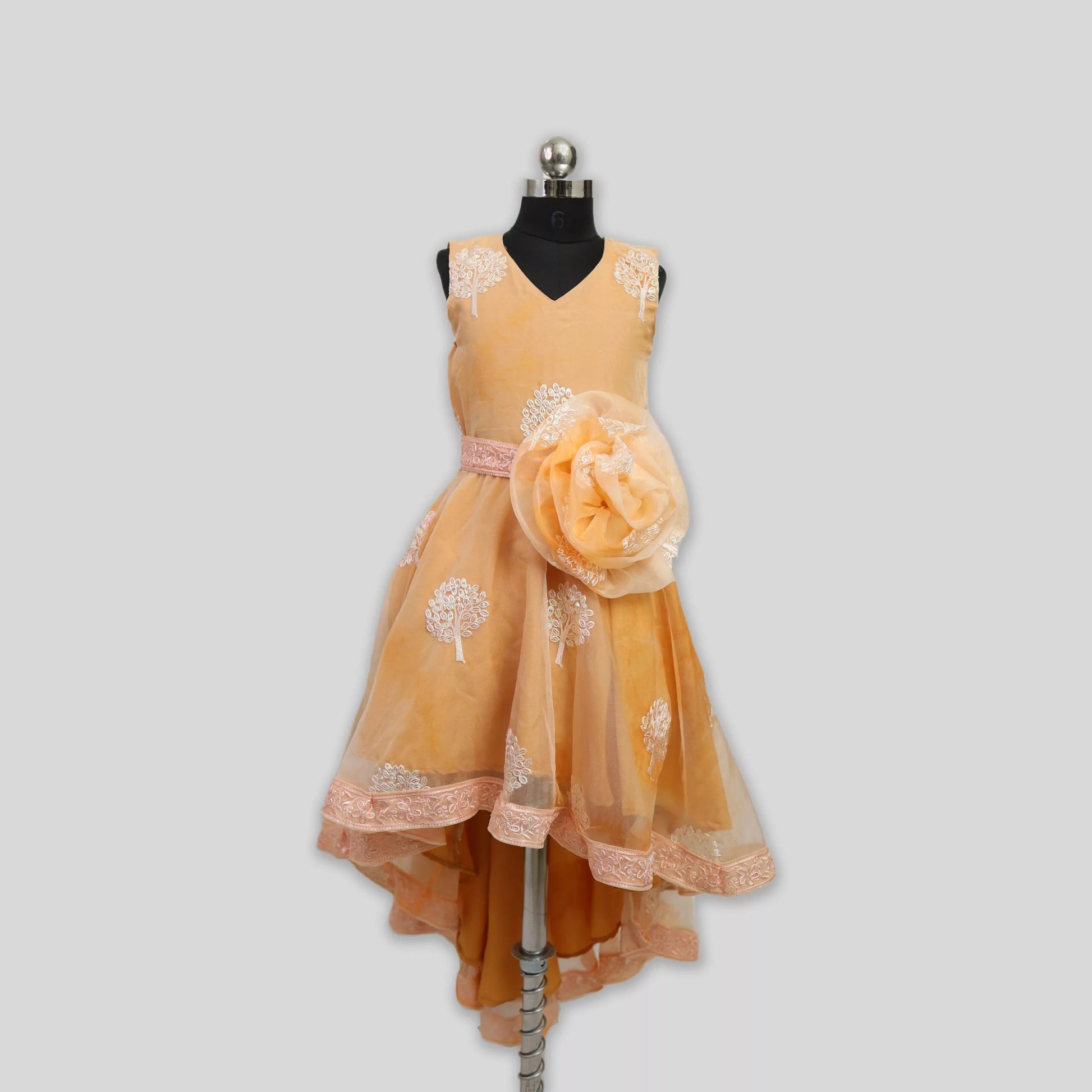 Orange High Low Girls Frock Detailed Flower Embellished image 0