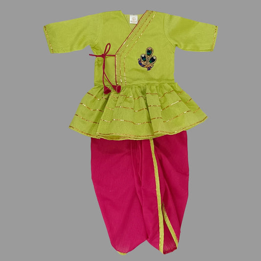 Green Angarkha Kurta With Embroidered Peacock And Red Dhoti image 0