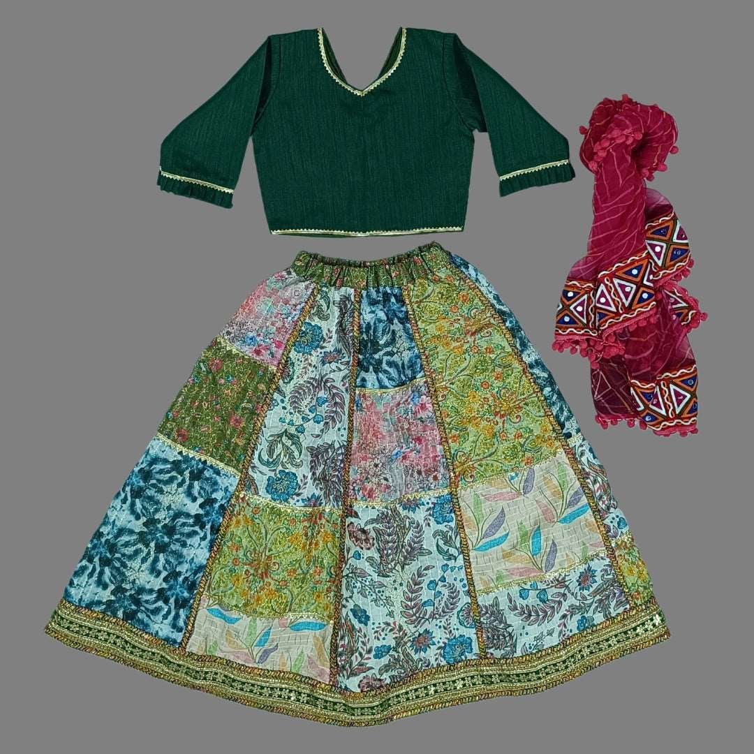 Green Crop Top And Multicolor Patch Work Silk Lehenga With Dupatta For Girls image 1