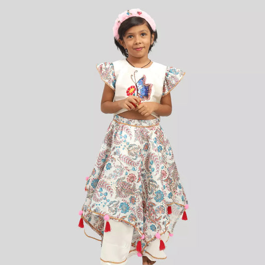 Butterfly Embroidered Crop Top And Handkerchief Printed Lehenga with Gota Work image 0