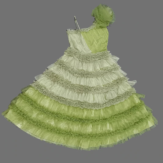 Green One Shoulder Ruffle Layered Long Gown With Moti Work image 2