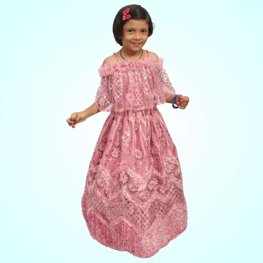 Embroidered Pink Off Shoulder Top And Lehenga With Sequence Work image 0