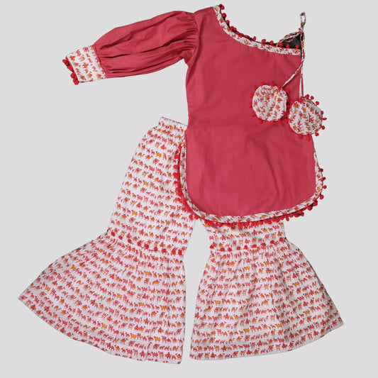 One Shoulder Kurta With Sharara Pant Animal Print - Pink image 0