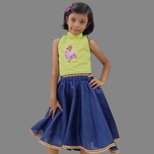 Green Crop Top With Flamingo Embroidery And Blue Skirt image 0
