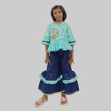 Lotus Embroidered Angarkha Style Blue Kurta & Palazzo Pant For Girls image 0