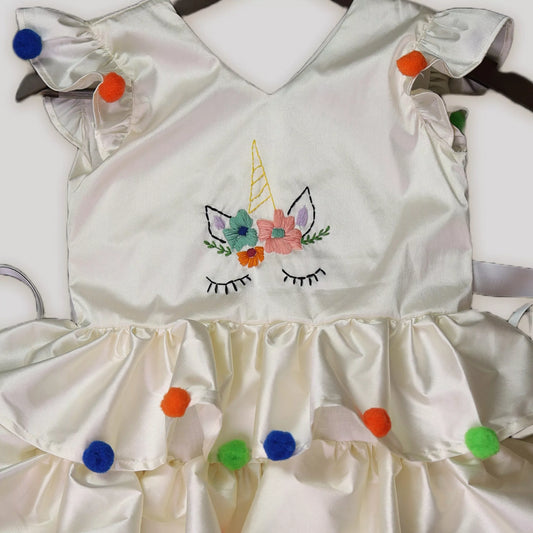 Hand Embroidered Unicorn Ruffle Layered White Frock image 2