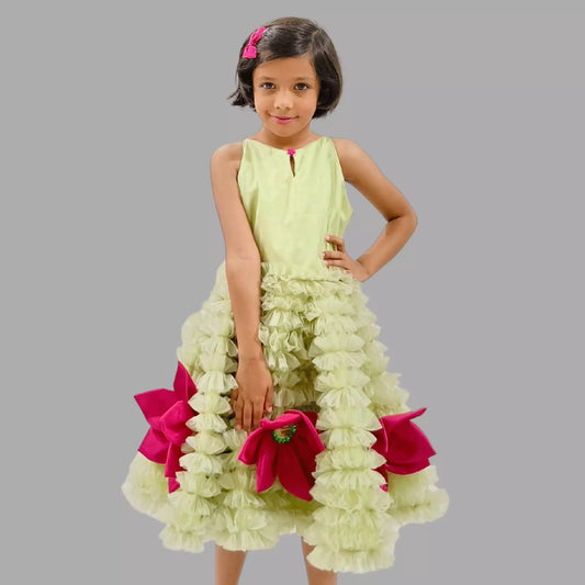 Green Flayered Frock With Pink Flowers Embellished image 2