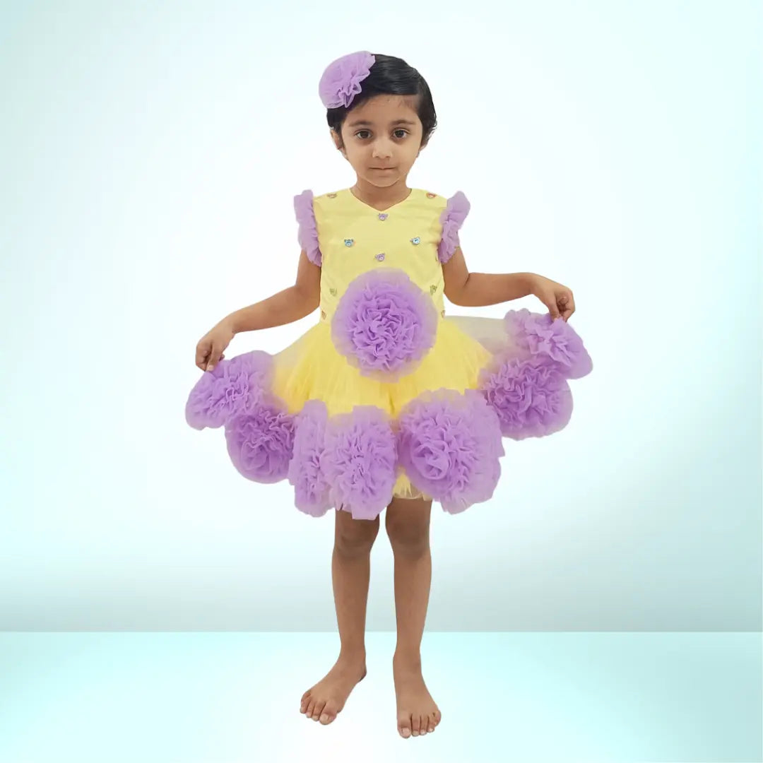 Purple Flower Embellished Frock And Flower Hair Pin For Girls image 1